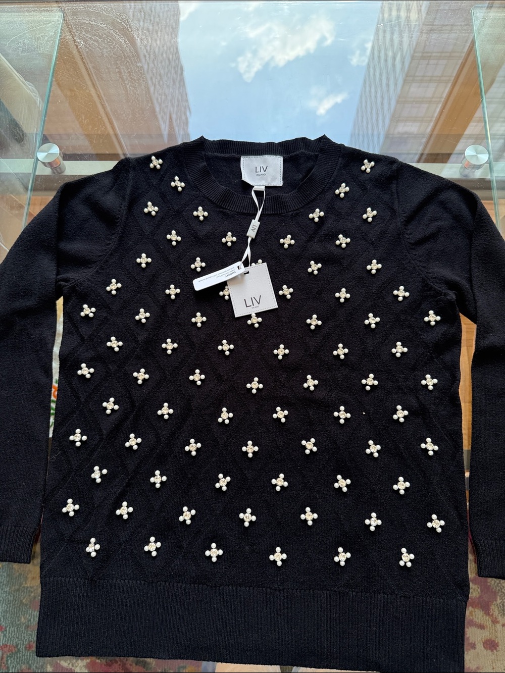 NWT Liv Milano Black Knit Women’s Sweater Embellished W/Pearls & Rhinestones.